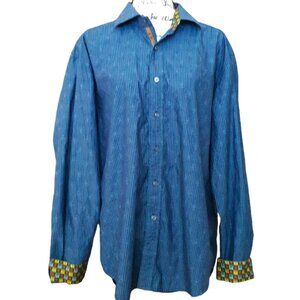 Robert Graham Blue Button Down Shirt Long Sleeve Striped Silk Print Size XL